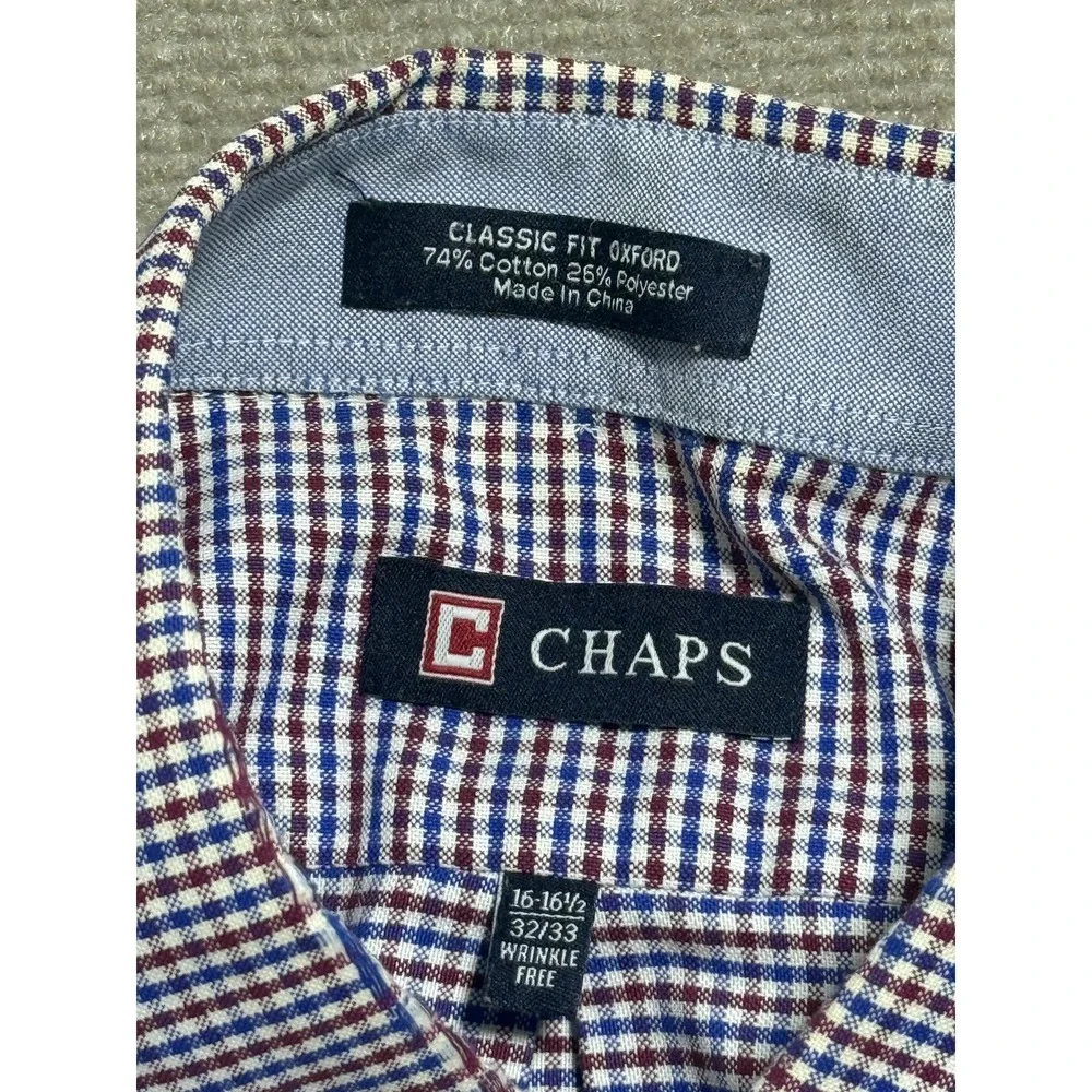 Chaps Shirt Mens 16-16.5 32/33 Blue Red Check Classic Fit Oxford Wrinkle Free‎